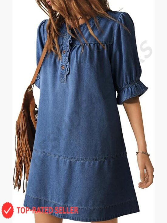 Dresses & Skirts - Denim Babydoll Dress with Ruffle Short Sleeves Casual Button Front Mini Dress